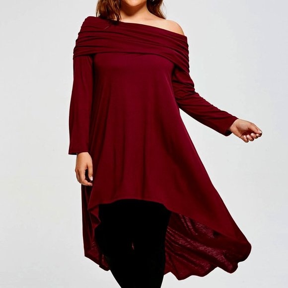 Burgundy Hi-Low Skew Neck Top - Picture 1 of 2